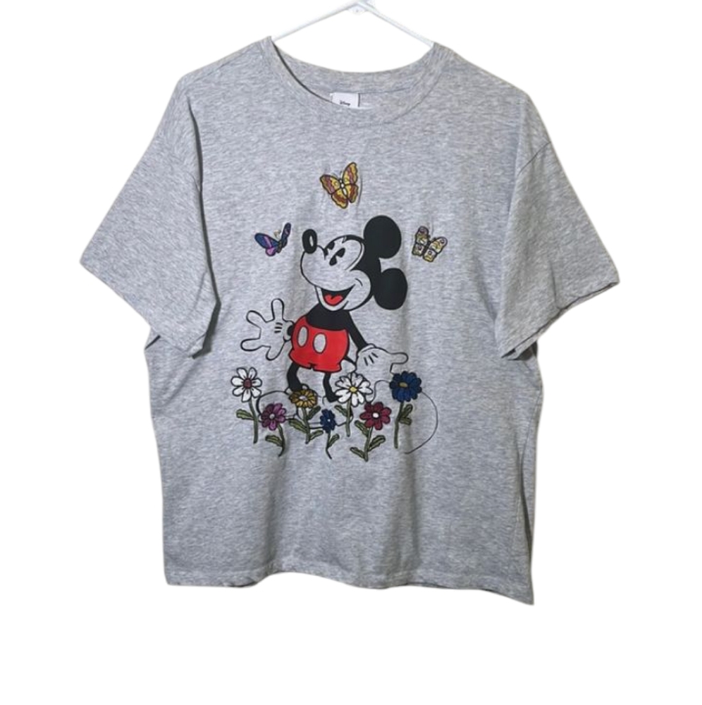 Disney Mickey Mouse Flowers And Butterfly Heather Gray Short Sleeve Tee